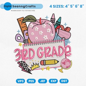 Peut inclure: Un motif de broderie avec une pomme rose, des fournitures scolaires et le texte "3rd Grade". Le motif comprend une règle, des ciseaux, des crayons, un sac à dos, un crayon et un globe. Disponible en 4 tailles: 10cm, 13cm, 15cm et 20cm.
