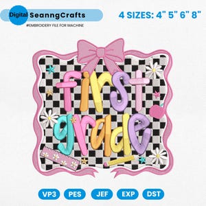 Back to School Embroidery Design, School Supplies Embroidery File, First Grade Embroidery Machine File, First Day of School Pes File