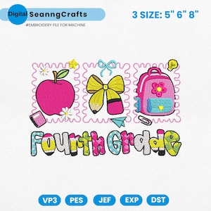 Back To School Grade Embroidery Design, School Supplies Embroidery Machine File, Hello Fourth Grade Embroidery File, First Day of School Pes