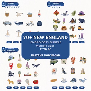 Op de afbeelding: Een digitale borduurontwerpcollectie getiteld 70+ NEW ENGLAND EMBROIDERY BUNDLE, met diverse iconen zoals een kreeft, vuurtoren, walvis, zeilboot en natuurelementen. De afbeelding toont meerdere bestandsformaten en verschillende afmetingen.