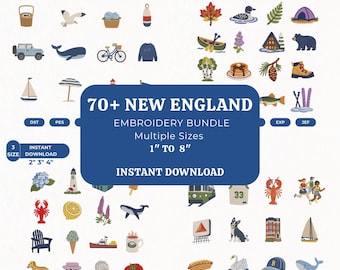 70+ New England Embroidery Design Bundle, Boston Cape Cod New Hampshire Vermont Mini Icons, Instant Download
