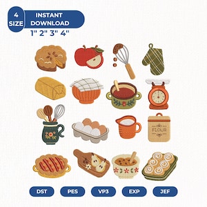 May include: A collection of sixteen embroidered kitchen-themed icons including a pie, apple, whisk, oven mitt, bread, bowl, pot, scale, utensil jar, eggs, measuring cup, flour canister, tart, pears, cookie bowl, and cinnamon rolls in 1", 2", 3", and 4" sizes.