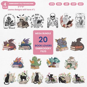 Peut inclure: Un ensemble de 20 fichiers de broderie avec des motifs sur le thème des livres. Les motifs comprennent des squelettes, des dragons et des chats noirs, tous sur le thème des livres. Les motifs mesurent 12,7 cm x 17,8 cm à 22,9 cm.