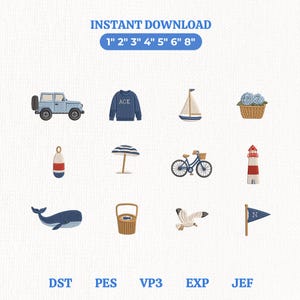 May include: A digital embroidery design set featuring twelve coastal icons: a blue SUV, a jumper with 'ACK', a sailboat, hydrangeas in a basket, a buoy, a beach umbrella, a bicycle, a lighthouse, a whale, a picnic basket, a seagull, and a flag.