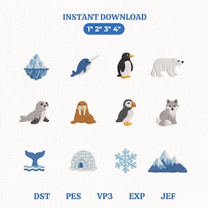 Puede incluir: Una colección de doce diseños de bordado a máquina con temática ártica que incluye iceberg, narval, pingüino, oso polar, foca, morsa, frailecillo, zorro ártico, cola de ballena, iglú, copo de nieve y montañas. Texto: INSTANT DOWNLOAD 1" 2" 3" 4" y formatos DST, PES, VP3, EXP, JEF.