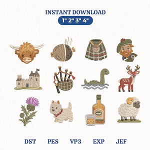 May include: A collection of twelve Scottish-themed machine embroidery designs including a Highland cow, haggis, kilt, person in a tam, castle, bagpipes, Loch Ness monster, deer, thistle, Westie dog, whiskey bottle with glass, and a ram.