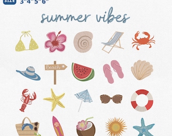 Summer Vibes Mini Icons Embroidery Bundle, Coastal Summer Tropical Beach Embroidery Design, Summer Vacation Pes File, Instant Download