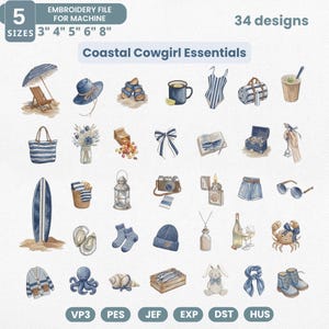 Coastal Cowgirl Essentials Embroidery Bundle, Set of 34 Designs Beach Western Boots Hat Surf Bikini Embroidery Designs, Summer Coastal