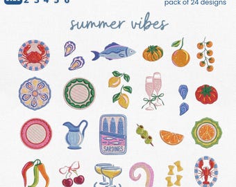 Sommer Vibes Stickdateien Paket, Italienische Riviera Amalfiküste Sardinen Zitrone Stickdatei