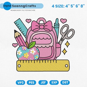 Back to School Embroidery Design, School Bag for Girl Embroidery File, First Day of School Embroidery Machine File, School Supplies Pes File