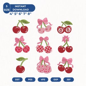 Könnte beinhalten: Ein digitales Stickmuster-Set mit neun kirschbasierten Illustrationen, darunter Schleifen, Billardkugeln, Würfel und Karomuster. Der Text umfasst 5 SIZE INSTANT DOWNLOAD 4" 5" 6" 7" 8" sowie die Dateiformate DST, PES, VP3, EXP und JEF.
