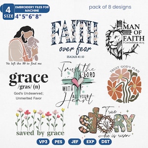 May include: A set of eight embroidery designs with religious themes. Designs include text such as "Faith over Fear," "Trust the Lord," and "True Story." The designs are available in sizes 10 cm, 13 cm, 15 cm, and 20 cm.