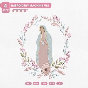 Diseño de bordado de la Virgen María, archivo de bordado de corona floral de la Virgen María, archivo PES religioso de fe católica vintage, descarga instantánea
