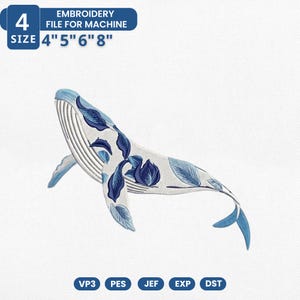 Pode incluir: Um arquivo de bordado para máquina com um design de baleia estilizado. A baleia é branca com detalhes florais azuis e uma cauda azul. O design está disponível nos tamanhos de 10, 12.7, 15.2 e 20.3 cm. A imagem também inclui informações sobre o tipo de arquivo.
