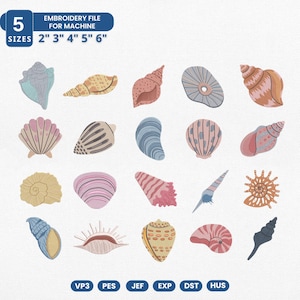 May include: An embroidery file for machine use featuring various seashell designs in pastel colors. The image includes text indicating five sizes: 2", 3", 4", 5", and 6". The file formats are VP3, PES, JEF, EXP, DST, and HUS.