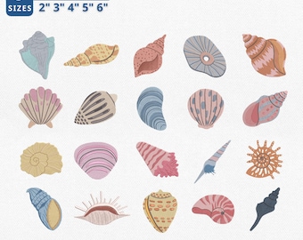 Paquete de diseños de bordado de conchas marinas, conjunto de archivos de bordado de conchas costeras y playeras, estilo náutico veraniego oceánico, descarga instantánea.