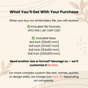 May include: A beige graphic with the text "What You'll Get With Your Purchase" and details about an embroidery file. Includes file formats VP3, PES, JEF, EXP, DST and sizes 4x4 inch, 5x5 inch, 6x6 inch, and 8x8 inch.