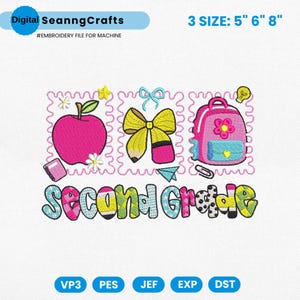 Back To School Grade Embroidery Design, School Supplies Embroidery Machine File, Hello Second Grade Embroidery File, First Day of School Pes