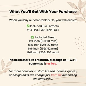 May include: Text on a beige background lists included file formats: VP3, PES, JEF, EXP, and DST. Included sizes are 4x4 inch (101x101 mm), 5x5 inch (127x127 mm), 6x6 inch (152x152 mm), and 8x8 inch (203x203 mm). The text also mentions custom sizes and formats are available.