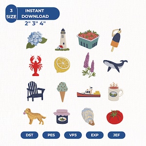 Puede incluir: Una colección de dieciséis diseños de bordado a máquina que incluyen una hortensia azul, un faro, una cesta de fresas, una boya, una langosta, una rodaja de limón, flores de lupino, una ballena, una silla, un helado, un barco, una taza, un perro, un tarro de mermelada, una ostra y un tomate.
