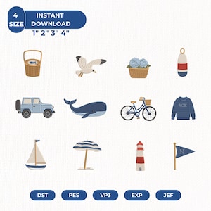 Nantucket Summer Embroidery Design Bundle, Coastal Icons Machine Embroidery, Beach Digital File, Lighthouse Whale Sailboat, Instant Download