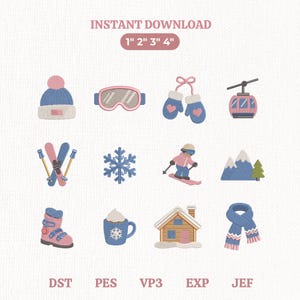 Puede incluir: Doce diseños de bordado con temática invernal: gorro, gafas, manoplas, telesilla, esquís, copo de nieve, esquiador, montañas, bota, taza, cabaña y bufanda. El texto dice INSTANT DOWNLOAD 1" 2" 3" 4" y formatos DST PES VP3 EXP JEF.