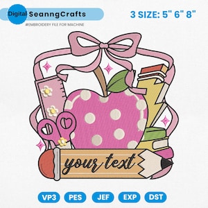 Teacher Name Frame Embroidery Design, School Name Frame Embroidery File, Back To School Coquette Bow Embroidery File, School Supplies Pes