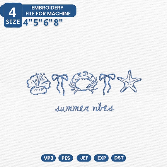 Summer Coquette Icon Embroidery Design, Girly Summer Bow Embroidery Design, Cute Vacation Theme Stitch For Girls, Instant Download
