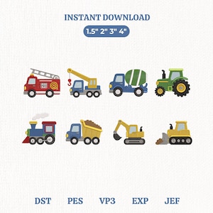 Peut inclure: Un ensemble de motifs de broderie numérique représentant huit véhicules de chantier et d'urgence, dont un camion de pompiers rouge, une grue bleue, une bétonnière verte, un tracteur vert, un train, un camion-benne, une pelleteuse et un bulldozer.