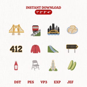 May include: A collection of twelve machine embroidery designs featuring Pittsburgh-themed icons including a yellow bridge, a red funicular, a city skyline, pierogies, the number 412, a red cardigan, a playground slide, a Pittsburgh sign, ketchup, a chair, a tower, and pickles.
