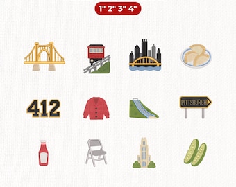 Pittsburgh Embroidery Design Bundle, 412 Pittsburgh Icons, Steel City Incline Bridge Pierogi Pickle Machine Embroidery, Instant Download