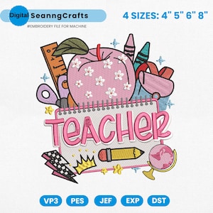 Back to School Embroidery Design, Pink Apple School Supplies Embroidery File, Teacher Embroidery Machine File, First Day of School pes File