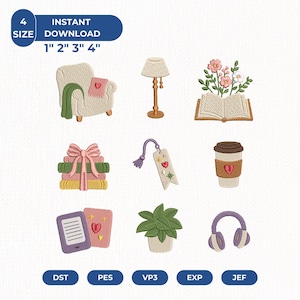 Può includere: Un set di ricami digitali con nove icone: una poltrona con una coperta verde, una lampada da terra, un libro aperto con fiori, una pila di libri con un fiocco rosa, un segnalibro, una tazza di caffè, un e-reader, una pianta e delle cuffie.