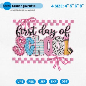 Coquette First Day Of School Embroidery Design, Back To School Embroidery File, Teacher Life Pes File, Preppy School Embroidery Machine File