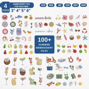 Summer Vibes mini-pictogrammen borduurbundel 100+ ontwerpen, borduurbestand kustzomer tropisch strand, zomervakantie, direct downloaden