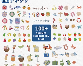 Summer Vibes Mini Icons Stickerei Bundle 100+ Designs, Küstensommer Tropischer Strand Stickdatei, Sommerferien, sofortiger Download