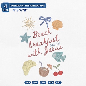 Peut inclure: Un fichier de broderie avec des éléments sur le thème de la plage. Le motif comprend un soleil, un nœud, un coquillage, une étoile de mer, un poisson, un croissant, une boisson à la noix de coco et des cerises. Le texte dit "Beach breakfast with Jesus". Disponible en 4 tailles.