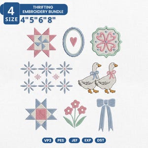 May include: An embroidery bundle featuring various designs, including stars, flowers, and geese. The designs are in pastel colors, with a blue and pink color scheme. The text at the top reads "THRIFTING EMBROIDERY BUNDLE" and the sizes are 4", 5", 6", and 8".