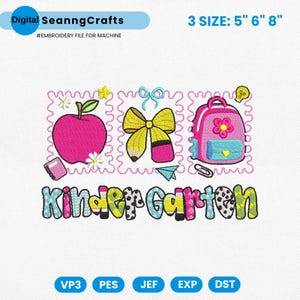 Back To School Grade Embroidery Design, School Supplies Embroidery Machine File, Hello Kindergarten Embroidery File, First Day of School Pes