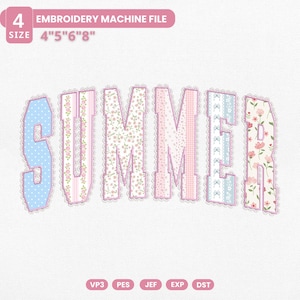 May include: An embroidery machine file with the word "SUMMER" in a decorative font. The letters are filled with various floral and patterned fabrics, outlined with lace. The file sizes are 4", 5", 6", and 8".