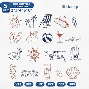 May include: An embroidery file with 19 beach-themed designs, including a beach chair, sunglasses, and a seashell. The file includes 5 sizes: 2", 3", 4", 5", and 6". Formats include VP3, PES, JEF, EXP, DST, and HUS.