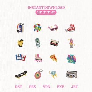 May include: A collection of sixteen retro-themed digital embroidery designs featuring a cassette player, Rubik's cube, sunglasses, sneaker, film roll, mobile phone, cassette tape, lava lamp, floppy disks, roller skate, pizza slice, jacket, skateboard, toy, ring, and boombox.