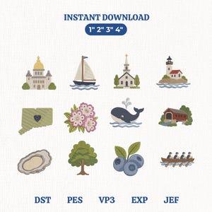 Connecticut Embroidery Design Bundle, Connecticut Mini Embroidery Files, New England State Icons Machine Embroidery, Instant Download