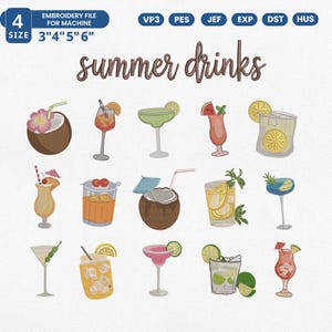 Può includere: Un file di ricamo con disegni di bevande estive. L'immagine include il testo "summer drinks" e "File di ricamo per macchina". Le dimensioni dei file sono 3", 4", 5" e 6". L'immagine mostra una varietà di illustrazioni di cocktail colorati.