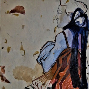 Opera d'arte originale, disegno figurativo romantico ispirato a Egon Schiele, dipinto, disegno, carta fatta a mano, illustrazione. Studio femminile, deco