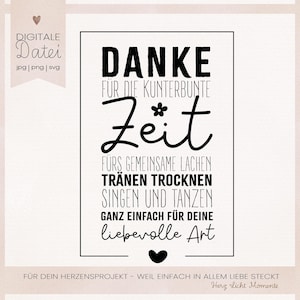 Könnte beinhalten: Digitaldruck mit schwarzem Text auf weißem Hintergrund. Der Text enthält das Wort "DANKE" und andere deutsche Sätze. Der Druck zeigt auch ein schwarzes Herz und eine kleine Blume. Die Worte "DIGITALE Datei" befinden sich oben links.