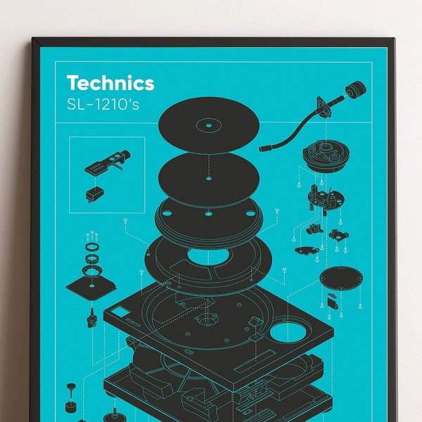 Vintage Technics 1210s Turntable Poster, Schematic Wall Art Print, Living Room Decor, DJ Studio Vinyl Record player