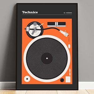 Technics 1200 Vinyl Record Player Poster, Retro Vintage Flat Vector Illustration, Eye-Catching Wall Art for Music Lovers, Orange Black