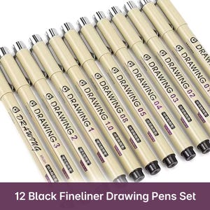 12 Black Fineliner Drawing Pens Set – Waterproof, No Bleed, Archival Ink – 0.2mm to 3.0mm & Brush Tip – Artists, Journaling, Calligraphy