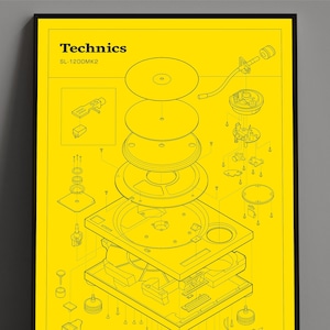 DJ Turntable Art Print Gift For Music Lover Digital Download Vinyl Record Player Poster Retro Home Decor Technics SL1200 Schematic